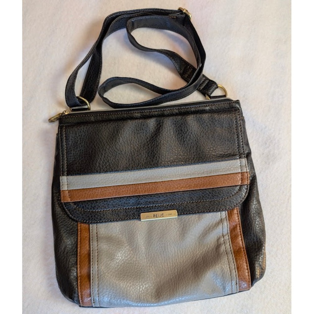 Relic Crossbody Flap Handbag Purse Pebbled Black Leather Neutral Colorblock EUC